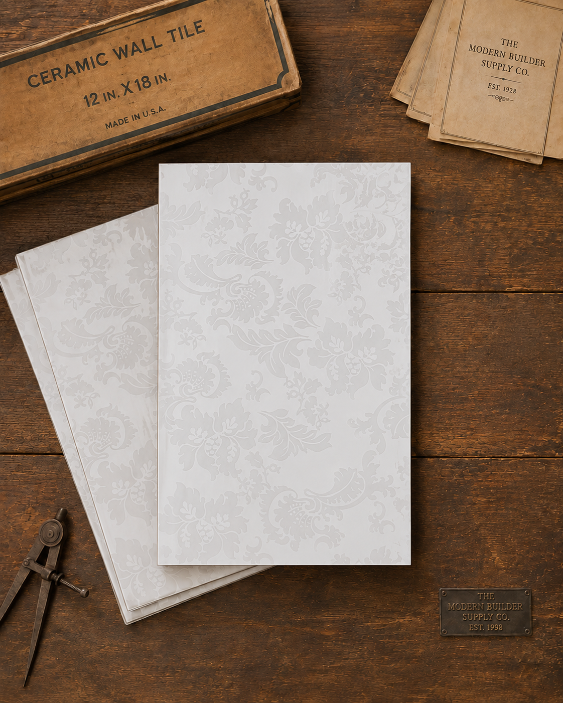 Vintage White Damask Brocade Field Tile - 1577-NB01