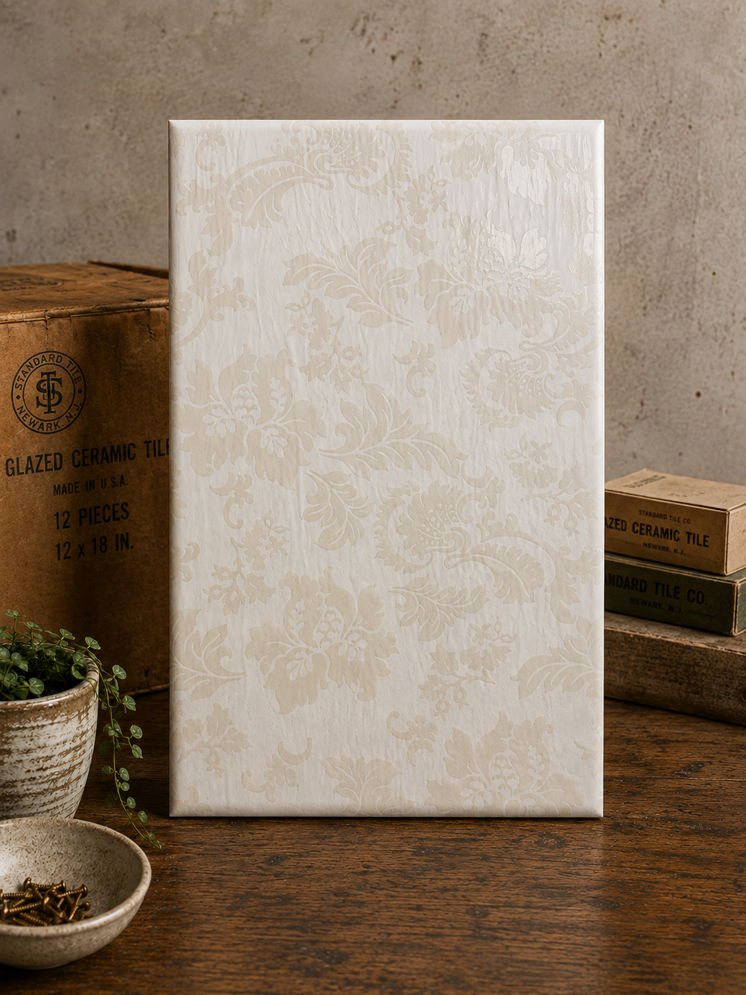 Vintage Cream & Ivory Damask Field Tile - 1577-NB31