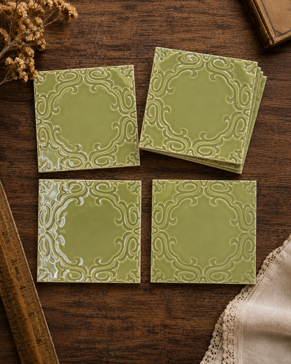 Vintage Avocado Green Scrollwork Tile - 2727-9711