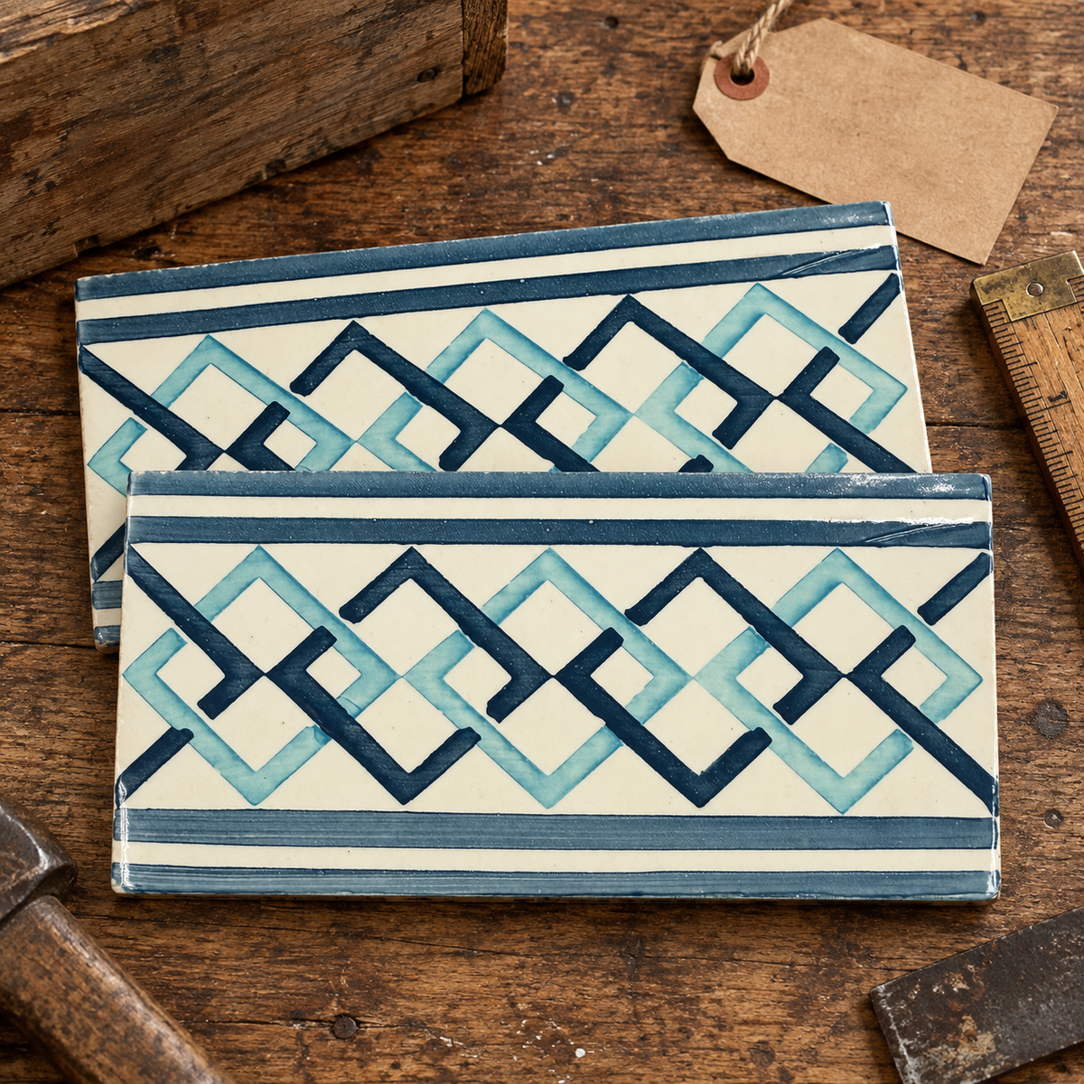 Elios FA-798 navy aqua 3x6 vintage ceramic border tile alternate view