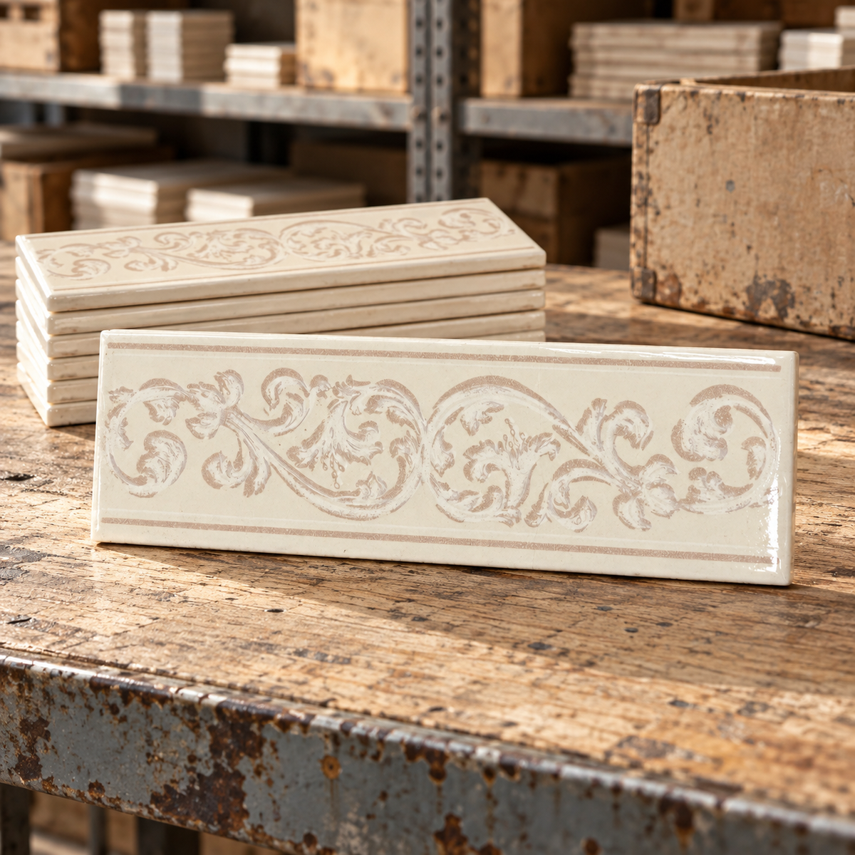 Imola IM26KEBL beige 2x6 vintage ceramic scroll border tile