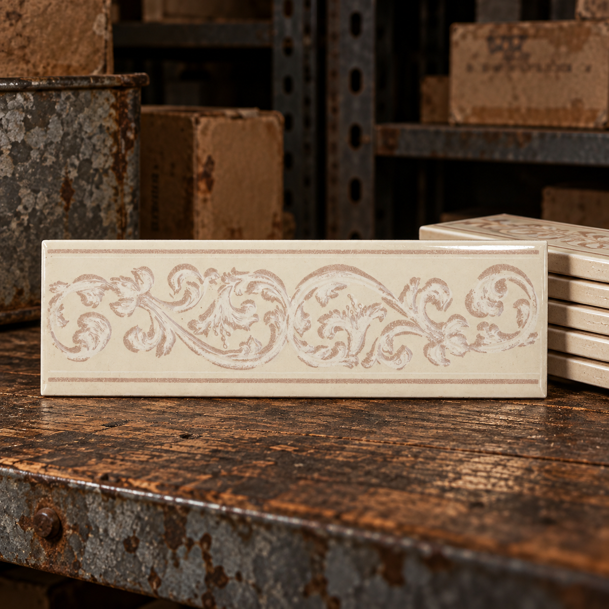 Imola IM26KEBL beige 2x6 vintage ceramic scroll border tile alternate view