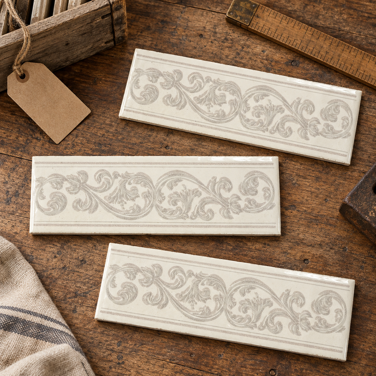 Imola IM26SEWL white 2x6 vintage ceramic scroll border tile