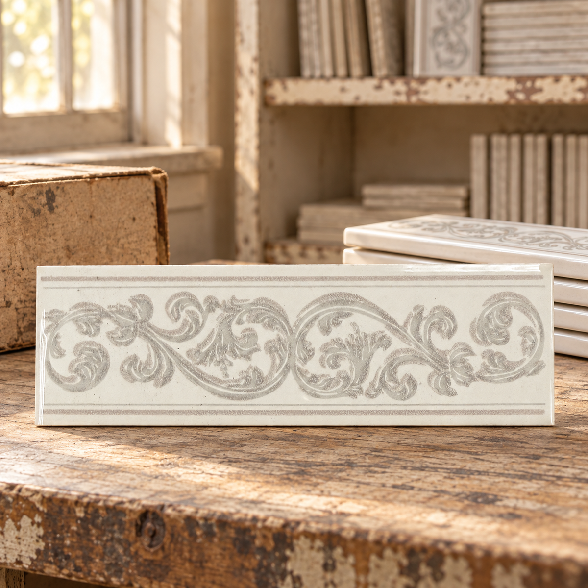 Imola IM26SEWL white 2x6 vintage ceramic scroll border tile alternate view