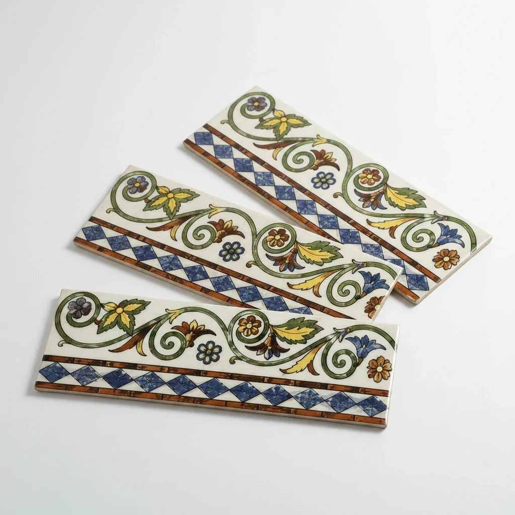Retro Tile by Standard Tile vintage majolica ceramic border tile with colorful acanthus leaf scroll and checkerboard